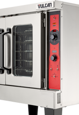 A stainless steel Vulcan electric single-deck convection oven with a glass door reveals metal racks inside. The right side features a red control panel with dials, buttons, a digital display, and indicator lights. ENERGY STAR certified, it stands on black legs.