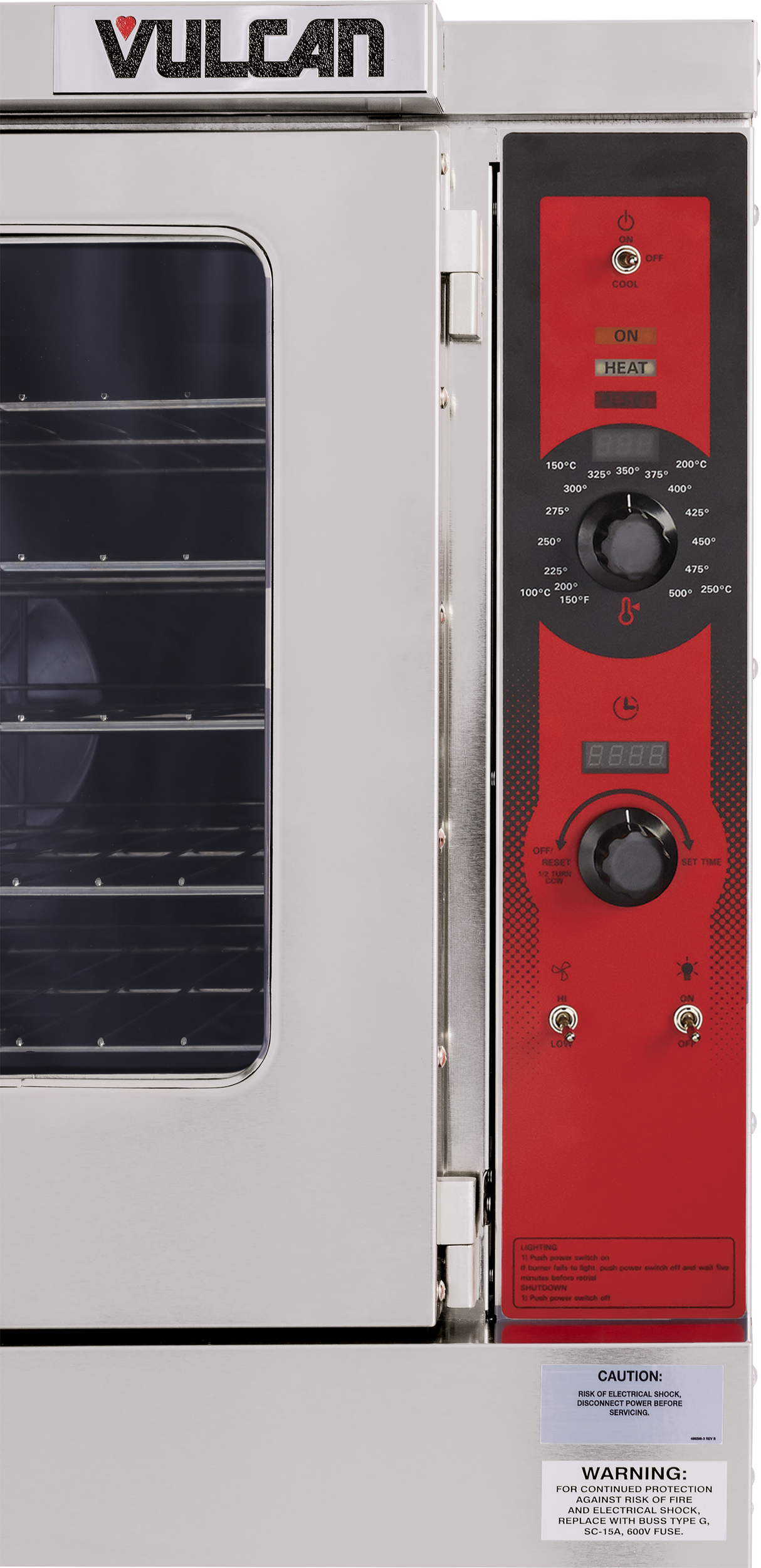 Close-up of a Vulcan electric single-deck convection oven highlighting the left half of the glass door with metal racks inside and the right side’s red control panel, digital display, and ENERGY STAR caution and warning labels below.