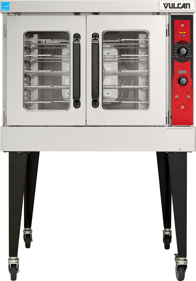 A Vulcan VC5ED convection oven with two glass doors, black handles, and a red control panel on the right featuring knobs and switches; this electric single-deck oven stands on wheeled legs and has multiple wire racks inside. Brand label is visible.