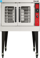 Front view of a Vulcan VC5ED electric single-deck convection oven on black legs with wheels; double glass doors reveal multiple oven racks inside, with control knobs and buttons on a red panel to the right.