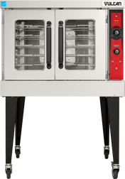Front view of a Vulcan VC5ED electric single-deck convection oven on black legs with wheels; double glass doors reveal multiple oven racks inside, with control knobs and buttons on a red panel to the right.