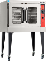 A commercial Vulcan electric convection oven with two glass-front doors, black handles, red control panel with dials and switches on the right, and four black legs on caster wheels for mobility. The single-deck oven interior has metal racks and a fan.