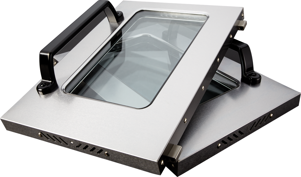 Two metallic oven doors from a Vulcan VC5GD gas single-deck convection oven, with large black handles and central glass windows, are shown side by side, slightly propped open. The silver doors feature ventilated edges for efficient airflow.
