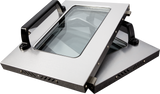 Two metallic oven doors from a Vulcan VC5GD gas single-deck convection oven, with large black handles and central glass windows, are shown side by side, slightly propped open. The silver doors feature ventilated edges for efficient airflow.