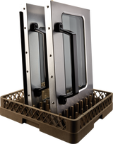 A brown plastic dishwasher rack holds two metal and glass convection oven doors upright. The rack features a grid pattern and vertical pegs for support. The doors have black handles and clear windows, set against a white background.
