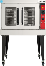 A commercial stainless steel Vulcan VC5GD convection oven on black legs with wheels, featuring two glass doors, multiple wire racks inside, and a red control panel with dials and buttons on the right. Brand name “Vulcan” is displayed at the top right.