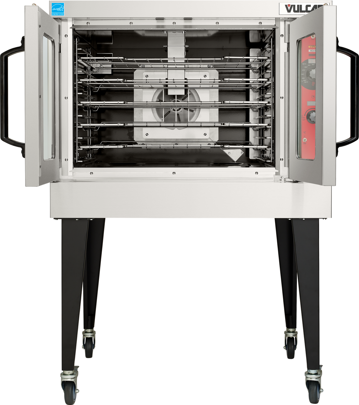 A commercial stainless steel convection oven with open double doors reveals multiple interior racks and rotisserie rods; the oven stands on four black legs with wheels and features a red control panel on the right side, similar to the Vulcan VC5GD.
