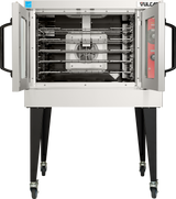 A commercial stainless steel convection oven with open double doors reveals multiple interior racks and rotisserie rods; the oven stands on four black legs with wheels and features a red control panel on the right side, similar to the Vulcan VC5GD.