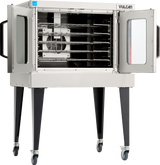 A Vulcan VC5GD commercial gas single-deck convection oven on wheels, with its glass door open to showcase interior racks and a large fan. The oven stands on four black caster legs and features handles on both sides.