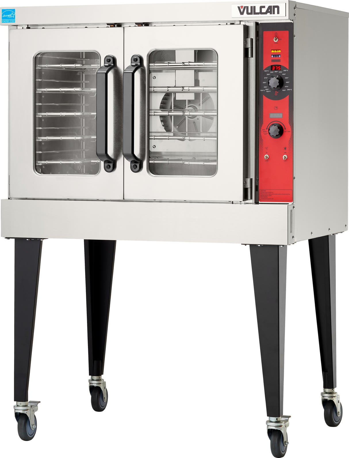 A Vulcan VC5GD_NAT gas single-deck convection oven with double glass doors, black handles, control knobs, and a red control panel on the right; sturdy black legs with wheels support the unit. Shelves and a fan can be seen inside.