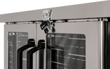 Close-up of a commercial stainless steel refrigerator with two glass doors, each featuring a black handle. A metal latch and padlock secure the doors at the top. Interior racks and shelves are visible, ideal for use alongside double-deck gas equipment.