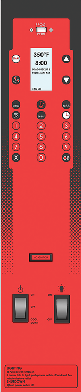 Red control panel of a single-deck electric convection oven with a digital display showing “350°F” and “8:00,” surrounded by black buttons labeled with numbers, arrows, and functions. Two large switches are labeled CON COOK and FAN with ON/OFF positions.