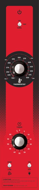 Vertical red control panel with black details for a double-deck electric oven. Top has a power button (ON/OFF) and indicator light. Middle shows a round thermostat dial from 200°F to 450°F. Bottom features timer, heat settings, and safety instructions.
