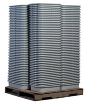 A large stack of identical gray high density polyethylene Tote Boxes is neatly arranged on a wooden pallet, with the bins piled high in three tall columns against a plain white background.