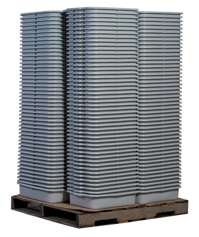 A large stack of identical gray high density polyethylene Tote Boxes is neatly arranged on a wooden pallet, with the bins piled high in three tall columns against a plain white background.
