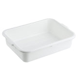 A rectangular, white plastic tote box with slightly rounded corners and sides. The tray has a smooth surface with subtle horizontal ridges for grip and features a small handle for easy carrying. This stackable tray is also dishwasher safe.