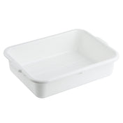 A rectangular, white plastic tote box with slightly rounded corners and sides. The tray has a smooth surface with subtle horizontal ridges for grip and features a small handle for easy carrying. This stackable tray is also dishwasher safe.