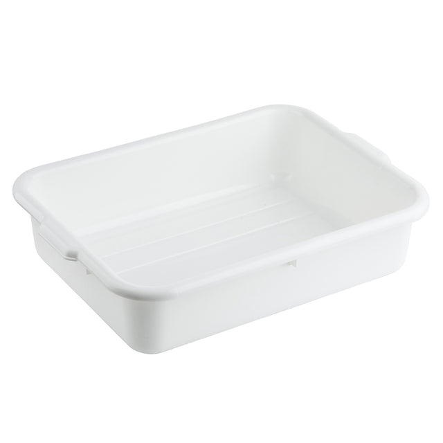 A rectangular, white plastic tote box with slightly rounded corners and sides. The tray has a smooth surface with subtle horizontal ridges for grip and features a small handle for easy carrying. This stackable tray is also dishwasher safe.