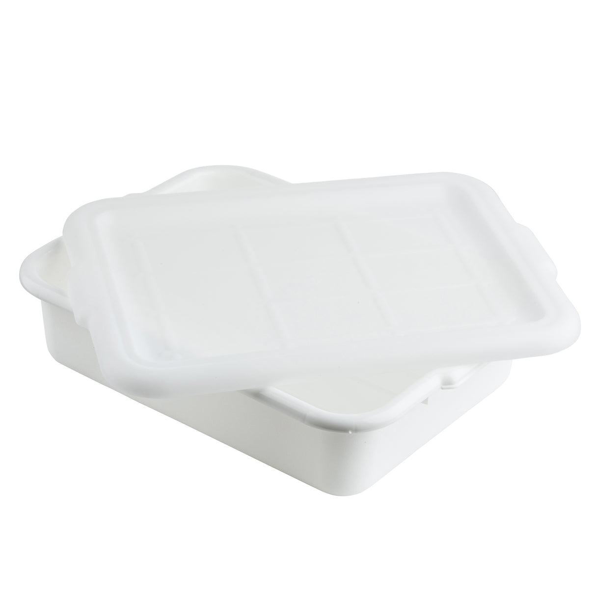 A white rectangular stackable plastic tote box with slightly rounded corners and a translucent snap-on lid, shown partially open and resting on top. The empty, dishwasher safe container is set against a plain white background.