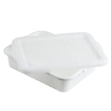 A white rectangular stackable plastic tote box with slightly rounded corners and a translucent snap-on lid, shown partially open and resting on top. The empty, dishwasher safe container is set against a plain white background.