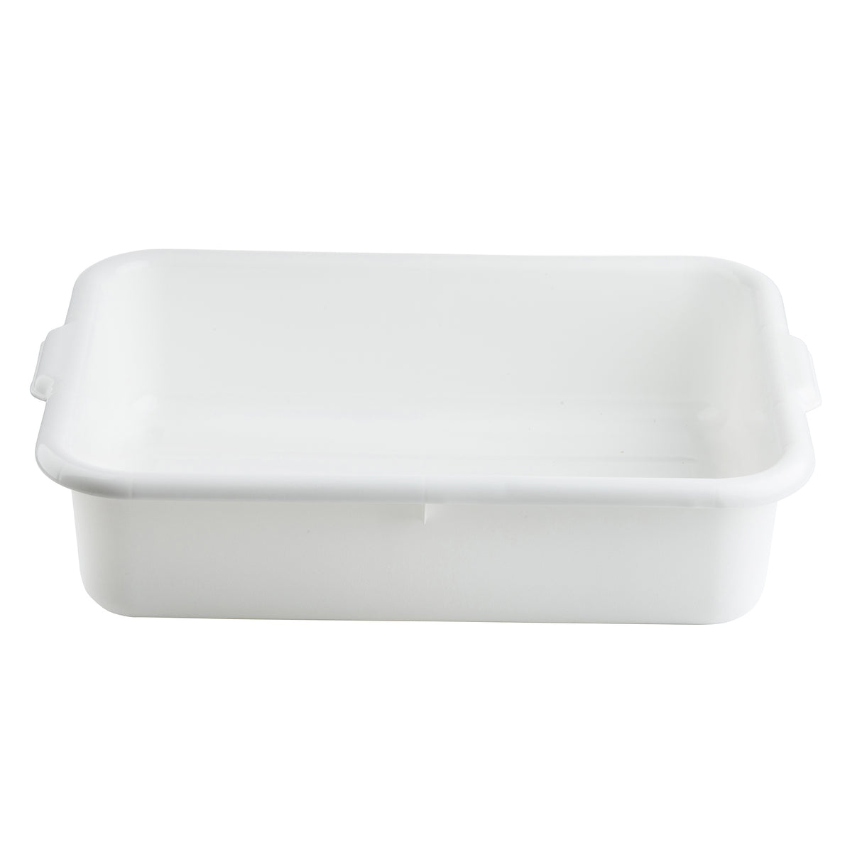 A rectangular, white plastic tote box with rounded corners and small handles on each end. The tub features a smooth, stackable design and is dishwasher safe. It is empty and placed against a plain white background.