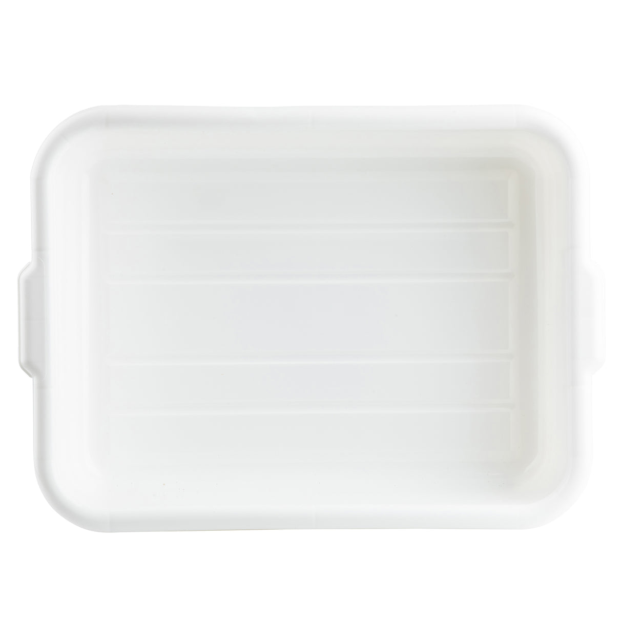 A top-down view of a rectangular, white plastic tote box with rounded corners and slightly raised edges. The inside has shallow horizontal ridges. Handles extend slightly on the shorter sides. Dishwasher safe, it sits on a white background.