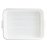 A top-down view of a rectangular, white plastic tote box with rounded corners and slightly raised edges. The inside has shallow horizontal ridges. Handles extend slightly on the shorter sides. Dishwasher safe, it sits on a white background.