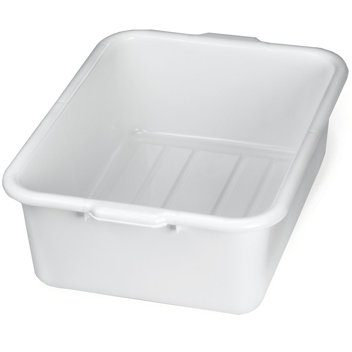 A white, rectangular stackable Tote Box with slightly rounded corners and a smooth surface, shown empty against a plain white background. The bin has short sides, a shallow depth, two small grip handles, and is dishwasher safe.