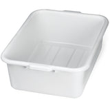 A white, rectangular stackable Tote Box with slightly rounded corners and a smooth surface, shown empty against a plain white background. The bin has short sides, a shallow depth, two small grip handles, and is dishwasher safe.