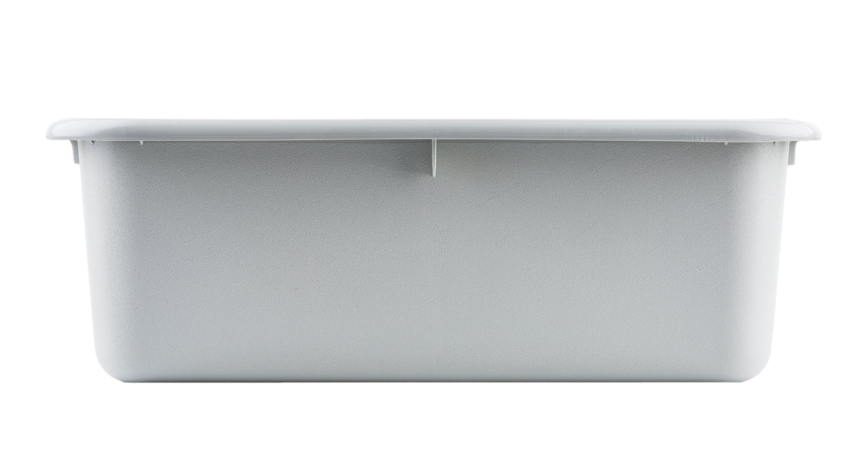 A plain, rectangular, light gray plastic tote box with a flat rim and smooth sides, photographed against a white background. The stackable bin is empty and has no visible handles or markings.