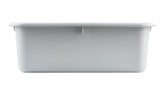 A plain, rectangular, light gray plastic tote box with a flat rim and smooth sides, photographed against a white background. The stackable bin is empty and has no visible handles or markings.