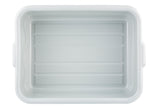 A rectangular, white plastic Tote Box seen from above. The inside is clean, with raised ridges running lengthwise along the bottom. The container has slightly rounded corners, two small handles, and is dishwasher safe. The background is white.