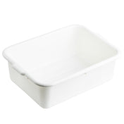 A stackable, rectangular white Tote Box with slightly rounded corners and two small handles on opposite sides. The interior bottom has subtle ridges, and the bin is empty, set against a white background.