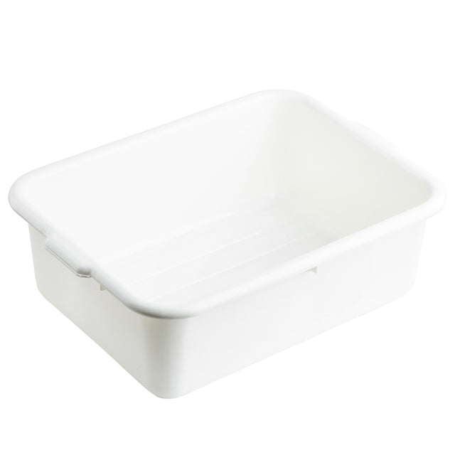 A stackable, rectangular white Tote Box with slightly rounded corners and two small handles on opposite sides. The interior bottom has subtle ridges, and the bin is empty, set against a white background.
