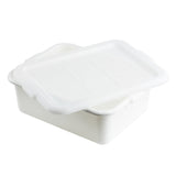 A white rectangular Tote Box with a slightly open matching lid reveals its empty interior. The lid features a grid pattern, and the container’s rounded edges and dishwasher safe design make it practical. The background is completely white.