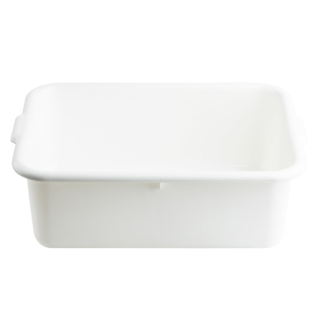 A rectangular, white plastic tote box with slightly rounded corners and short handles on each side. The stackable tub is empty and photographed against a plain white background.