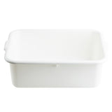 A rectangular, white plastic tote box with slightly rounded corners and short handles on each side. The stackable tub is empty and photographed against a plain white background.
