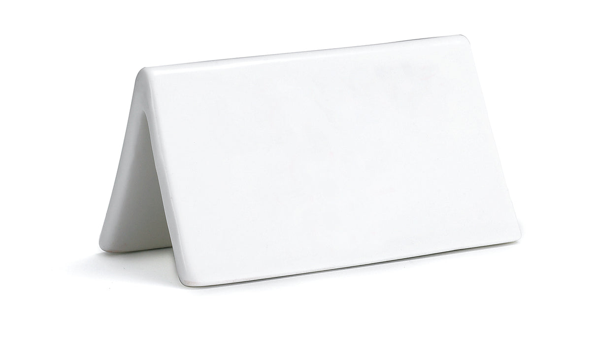 A plain, white, triangular tent-shaped object with smooth surfaces and rounded edges, resembling a Buffet Tent by TableCraft Products. Made of porcelain, it stands upright on a white background with no visible markings or designs.