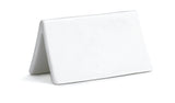 A plain, white, triangular tent-shaped object with smooth surfaces and rounded edges, resembling a Buffet Tent by TableCraft Products. Made of porcelain, it stands upright on a white background with no visible markings or designs.