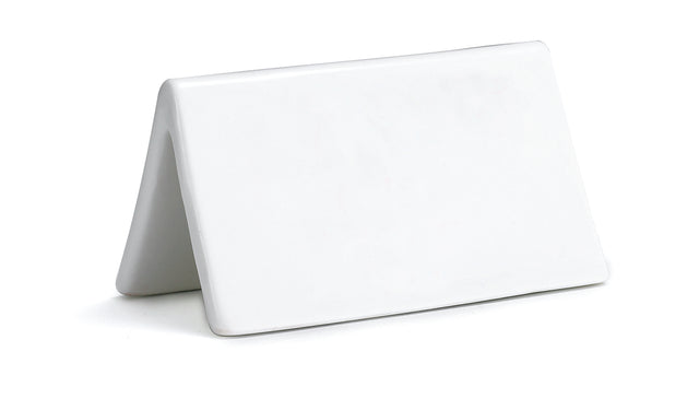 A plain, white, triangular tent-shaped object with smooth surfaces and rounded edges, resembling a Buffet Tent by TableCraft Products. Made of porcelain, it stands upright on a white background with no visible markings or designs.