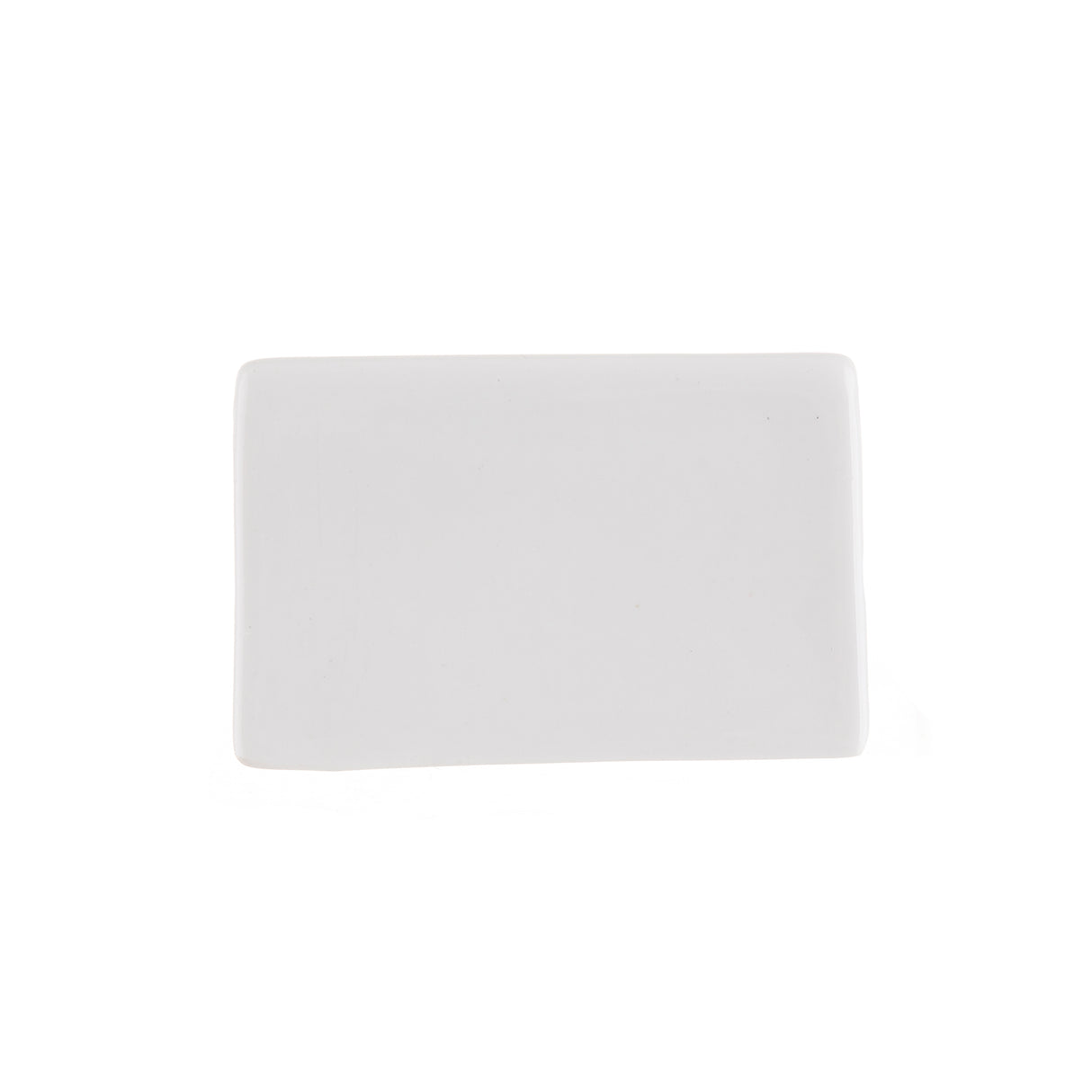 A plain, rectangular white ceramic plate from TableCraft Products is centered on a white background. The plate has smooth edges and a glossy finish, resembling those seen at a porcelain buffet tent, with no visible patterns or decorations.