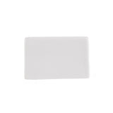 A plain, rectangular white ceramic plate from TableCraft Products is centered on a white background. The plate has smooth edges and a glossy finish, resembling those seen at a porcelain buffet tent, with no visible patterns or decorations.