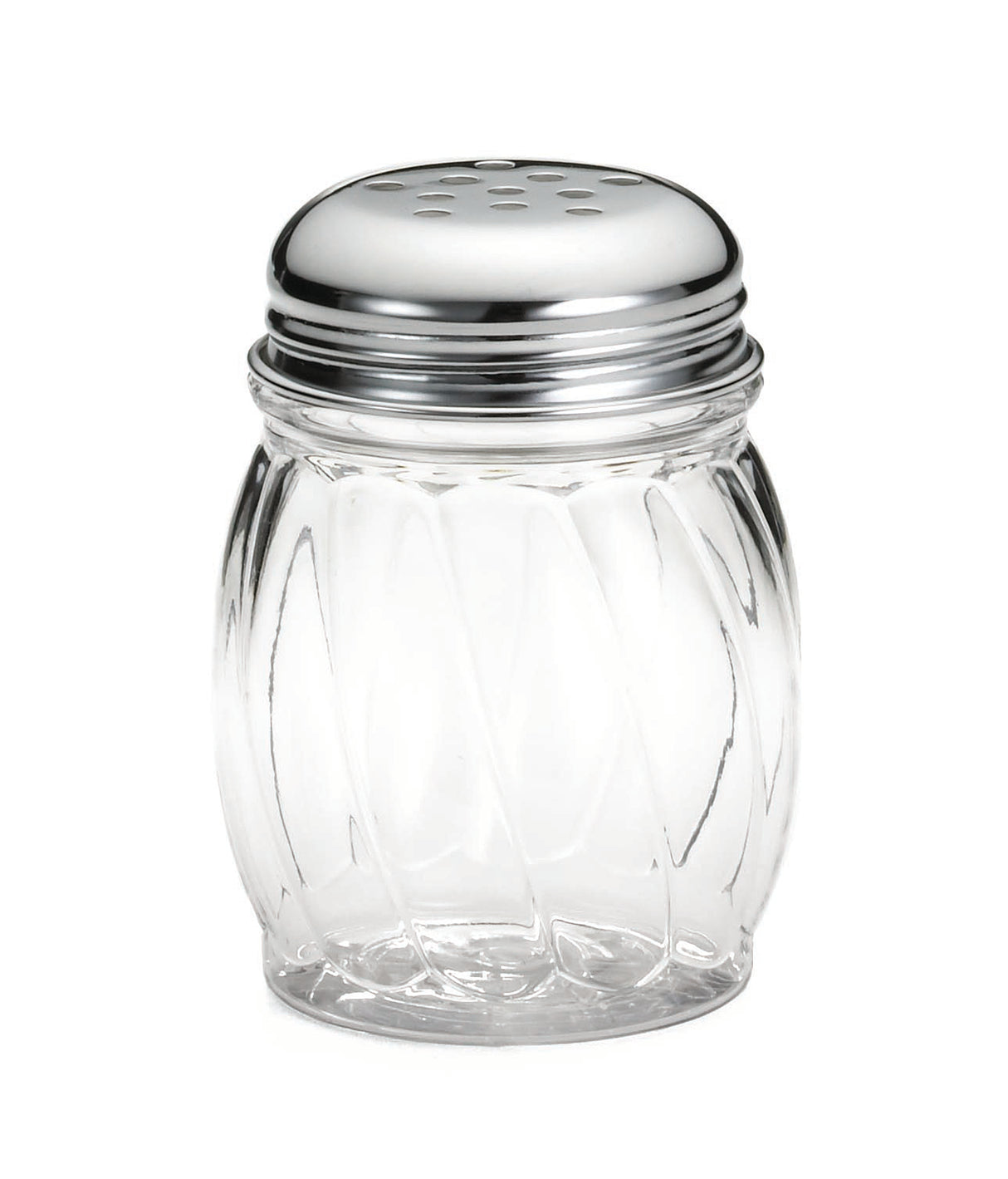 A clear, BPA free polycarbonate jar shaker with a round, ridged body and a shiny metal lid featuring several small holes for dispensing seasoning, shown against a plain white background.