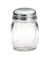 A clear, BPA free polycarbonate jar shaker with a round, ridged body and a shiny metal lid featuring several small holes for dispensing seasoning, shown against a plain white background.