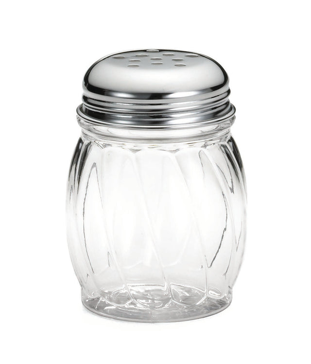 A clear, BPA free polycarbonate jar shaker with a round, ridged body and a shiny metal lid featuring several small holes for dispensing seasoning, shown against a plain white background.
