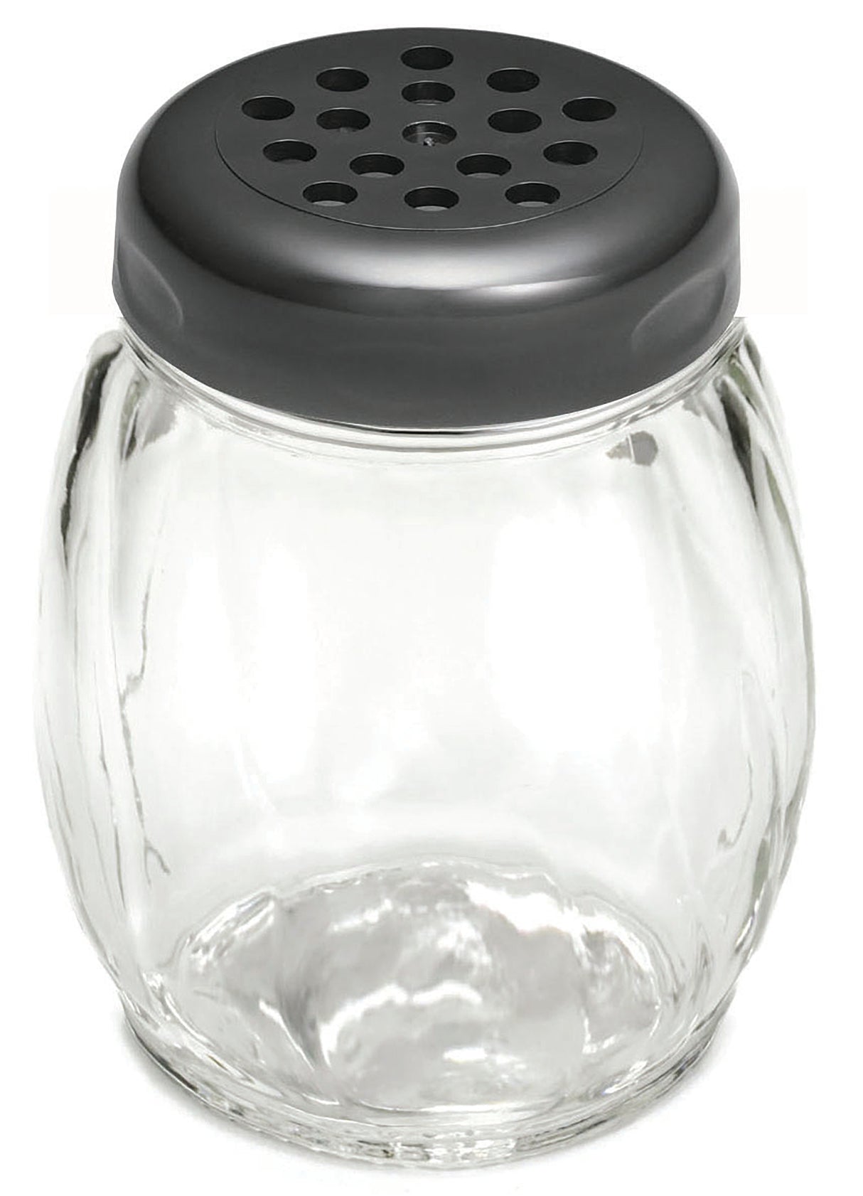 A clear, round glass shaker jar with a wide opening is topped with a dark gray, metal lid featuring multiple circular holes—ideal for dispensing grated cheese or spices. This BPA free container is also dishwasher safe for easy cleaning.