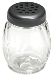 A clear, round glass shaker jar with a wide opening is topped with a dark gray, metal lid featuring multiple circular holes—ideal for dispensing grated cheese or spices. This BPA free container is also dishwasher safe for easy cleaning.
