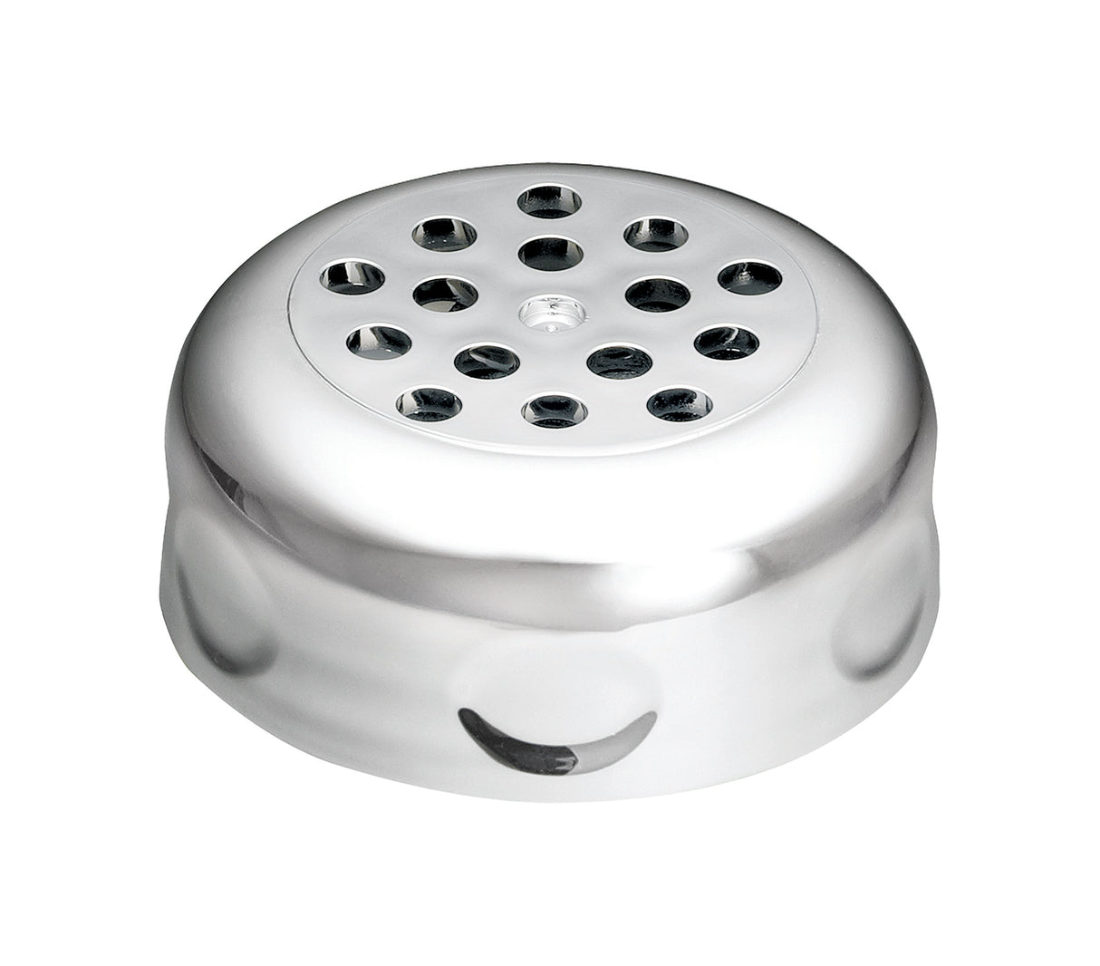 A shiny, circular, chrome metal shaker with a flat top featuring multiple small holes arranged in a pattern. The sides are smooth and slightly rounded, and the object is photographed on a white background.