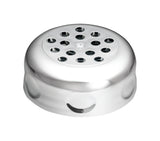 A shiny, circular, chrome metal shaker with a flat top featuring multiple small holes arranged in a pattern. The sides are smooth and slightly rounded, and the object is photographed on a white background.