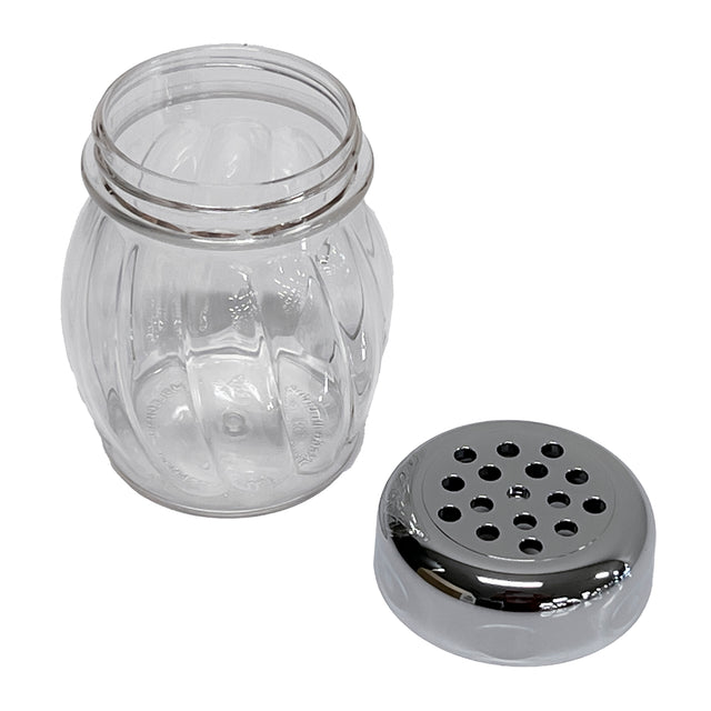A clear, BPA free shaker jar with a wide mouth and decorative vertical grooves sits beside its detached round metal lid, which features multiple evenly spaced holes for dispensing contents. The jar and lid rest on a plain white background.